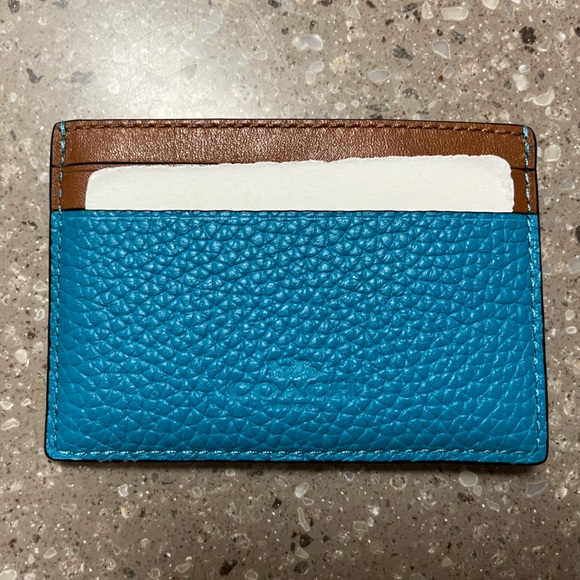 COACH Turquoise Brown Red Heart Pebbled Leather Card Holder Wallet NEW Tags $75 - Picture 4 of 5